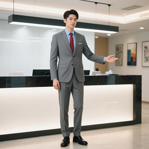 夏季灰色男士職業(yè)裝前臺商務(wù)西服套裝定制藍(lán)襯衫紅領(lǐng)帶300