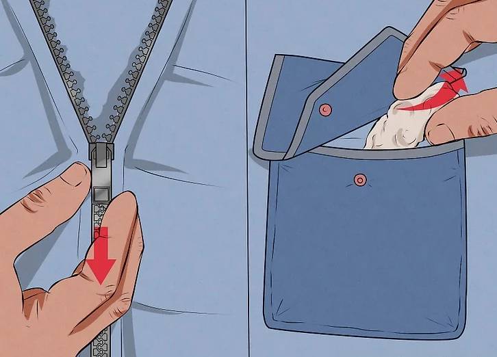 拉起拉鏈，扣上扣子，檢查口袋